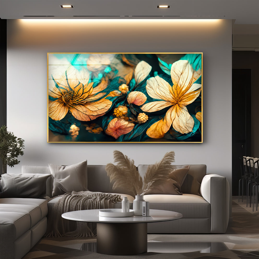 Golden Petal Bloom – Artistic Floral Fantasy Glass Wall Art