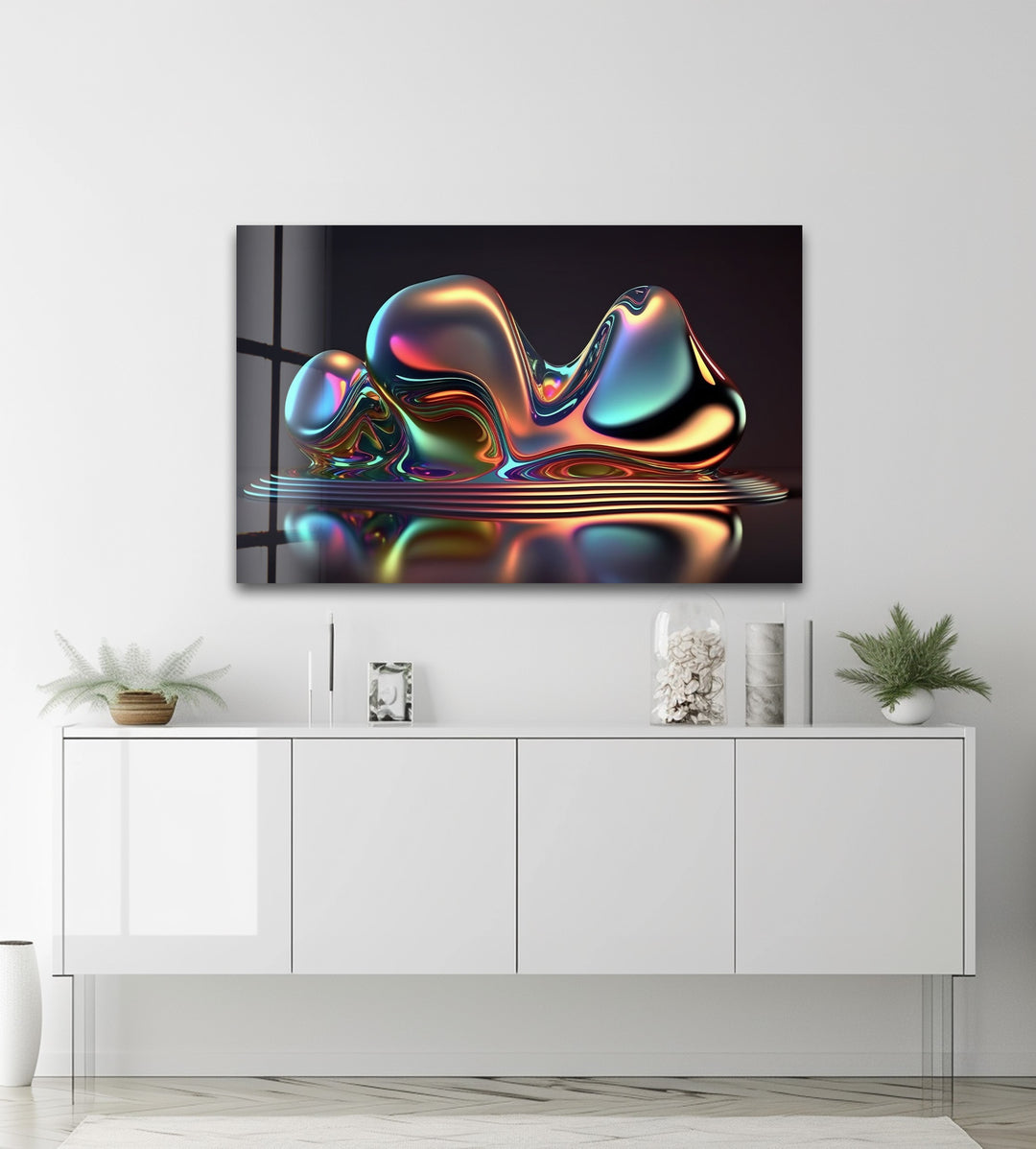 Liquid Prism Sculpture – Iridescent Chrome Form Glass Wall Art