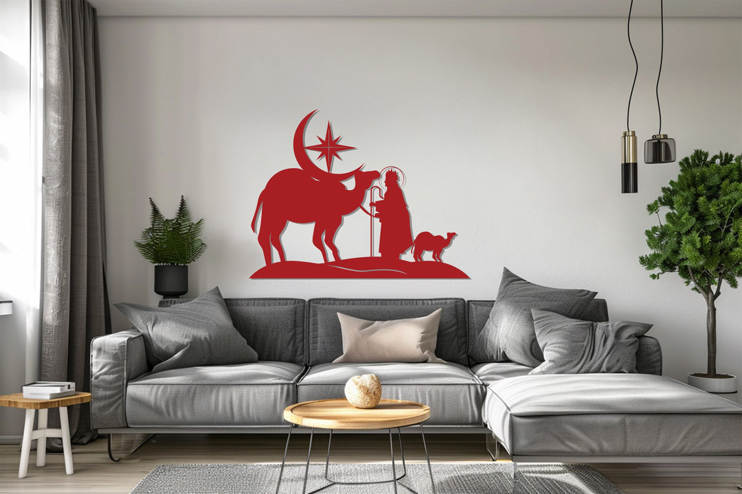 Black metal wall art of wise men and camels under the crescent moon