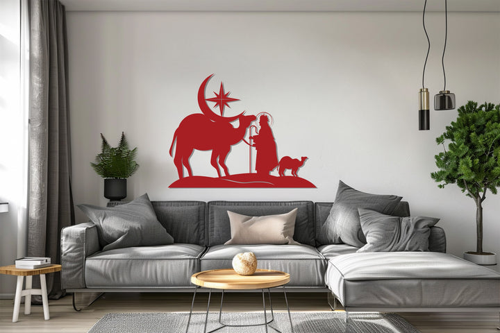 Black metal wall art of wise men and camels under the crescent moon