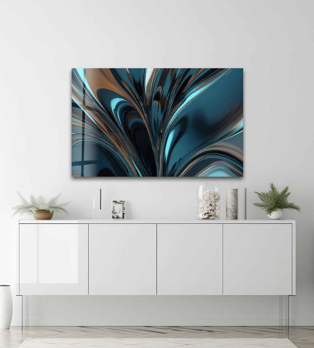 Midnight Aqua Surge – Abstract Teal Chrome Glass Wall Art
