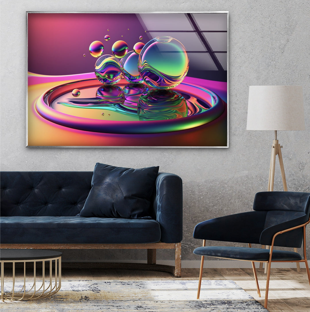 Luminous Orb Cascade – Neon Chromatic Sphere Sculpture Glass Wall Art