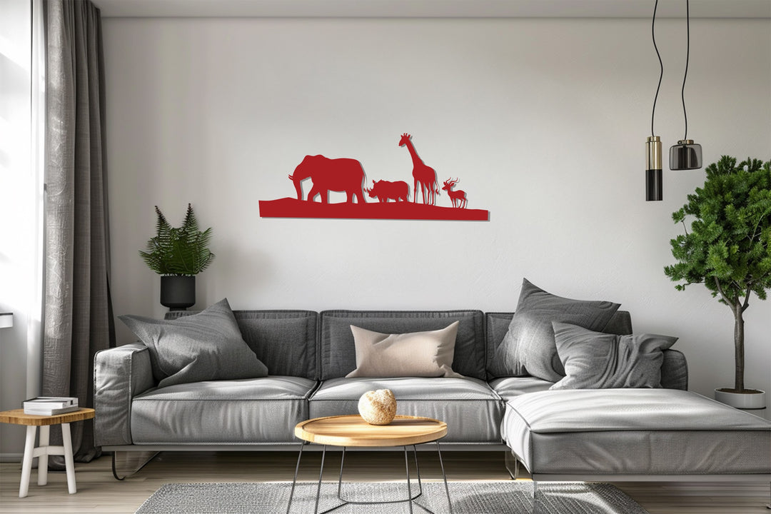 Minimalist metal wall décor with elephant, giraffe, and rhino silhouettes