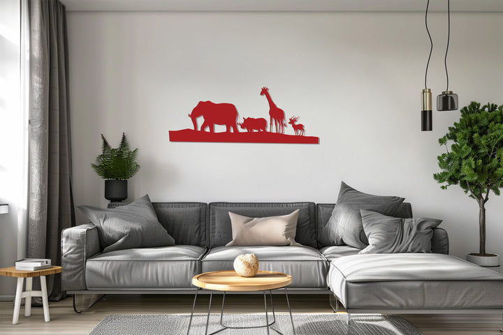 Minimalist metal wall décor with elephant, giraffe, and rhino silhouettes