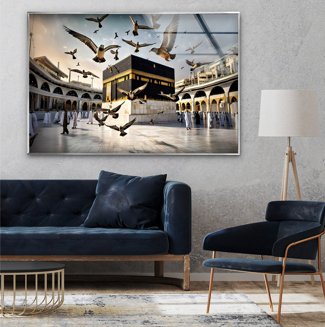 Peaceful Flight – Kaaba with Doves Glass Wall Art