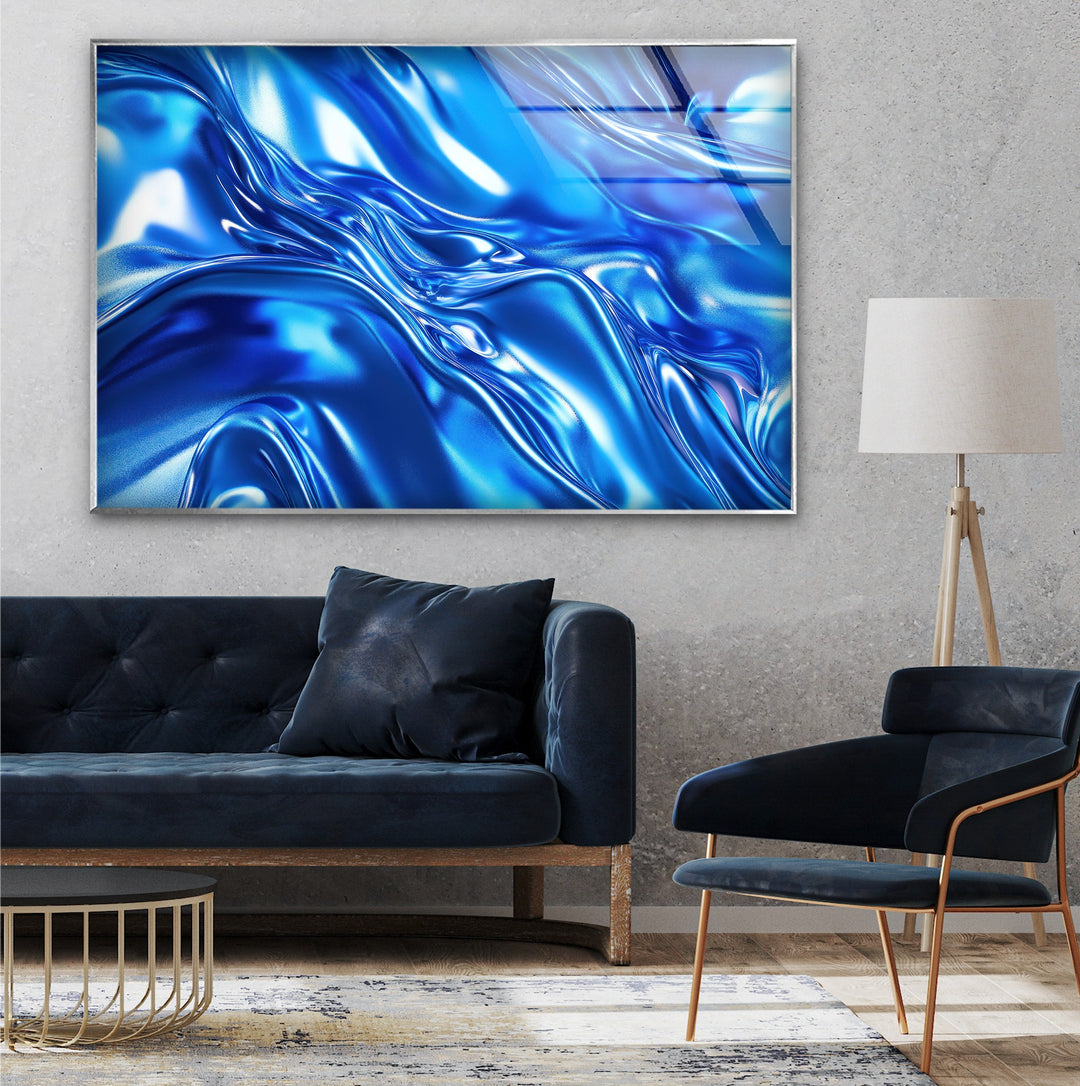 Cobalt Fluid Mirage – Abstract Blue Chrome Glass Wall Art