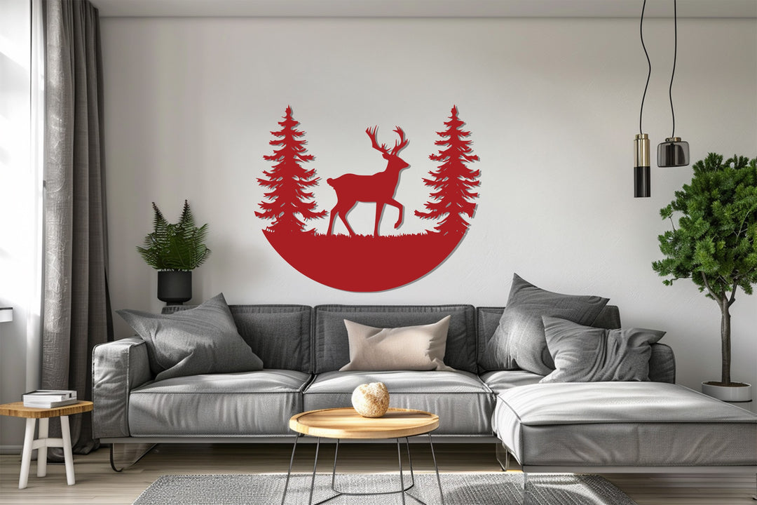 Laser-cut deer and trees metal wall hanging