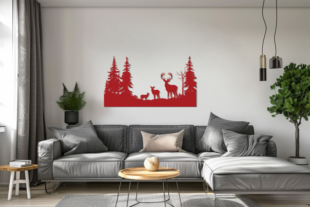Family of Deer in Forest Metal Wall Art – Rustic Wildlife Decor
