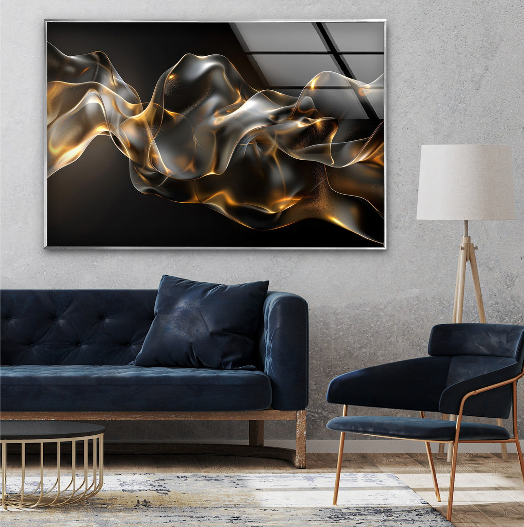 Golden Ember Veil – Abstract Smoke Wave Glass Wall Art