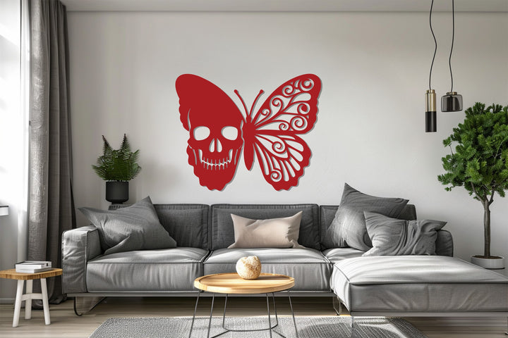 Modern red metal wall art with skull and wings
