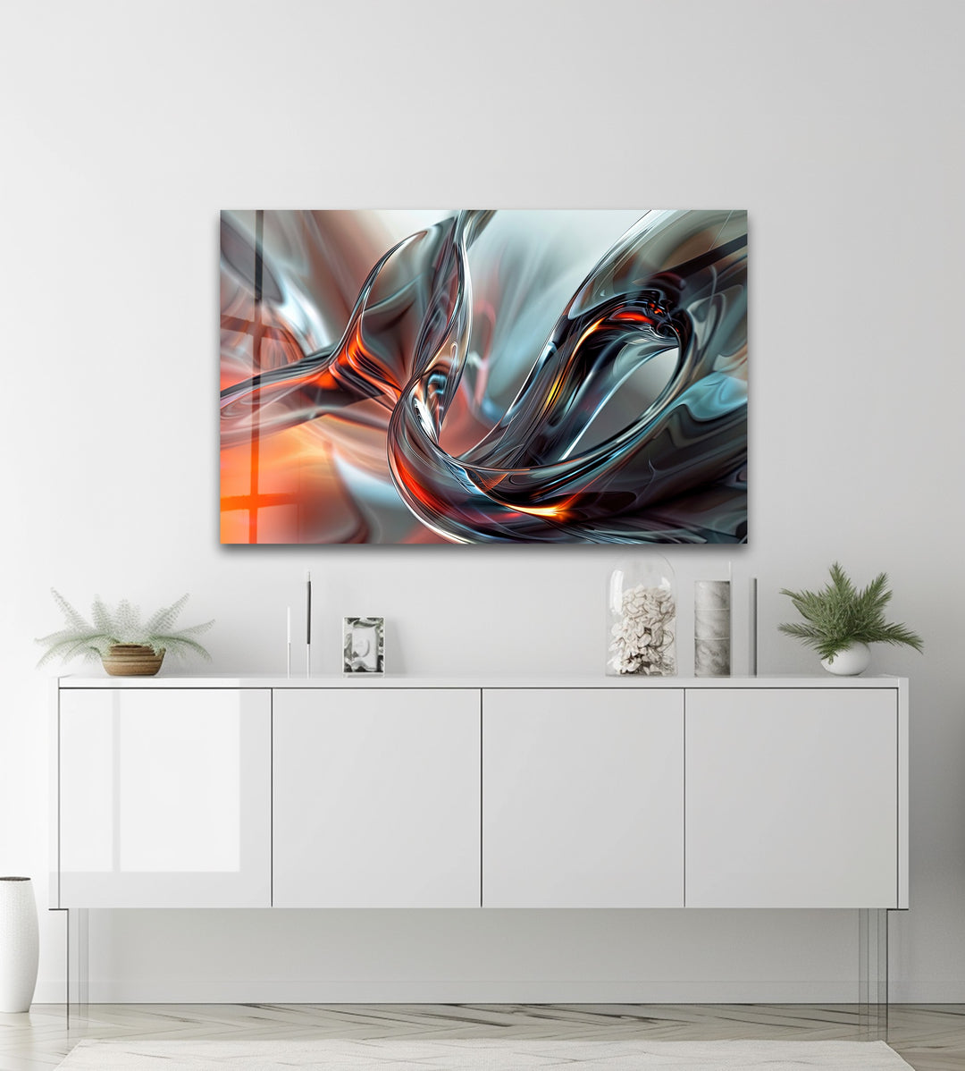 Emberwave Crystal Motion – Abstract Chrome & Fire Glass Wall Art