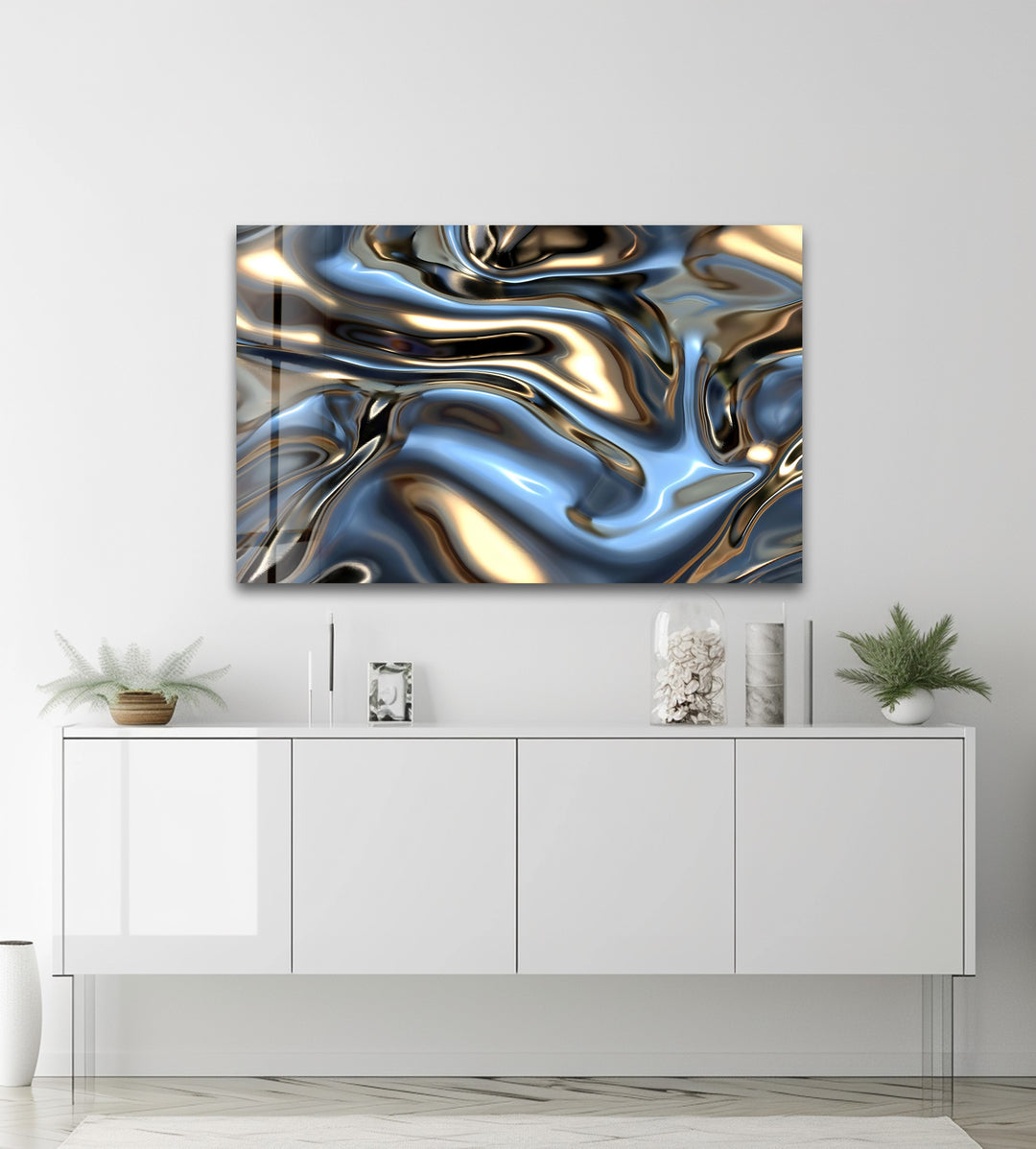 Celestial Metal Drift – Abstract Silver & Gold Fluid Glass Wall Art