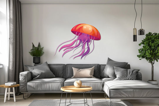 Illuminated by the room's light, the vibrant jellyfish's head stands out in this playful metal wall decor, a colorful ocean-inspired piece bringing the sea to your home.