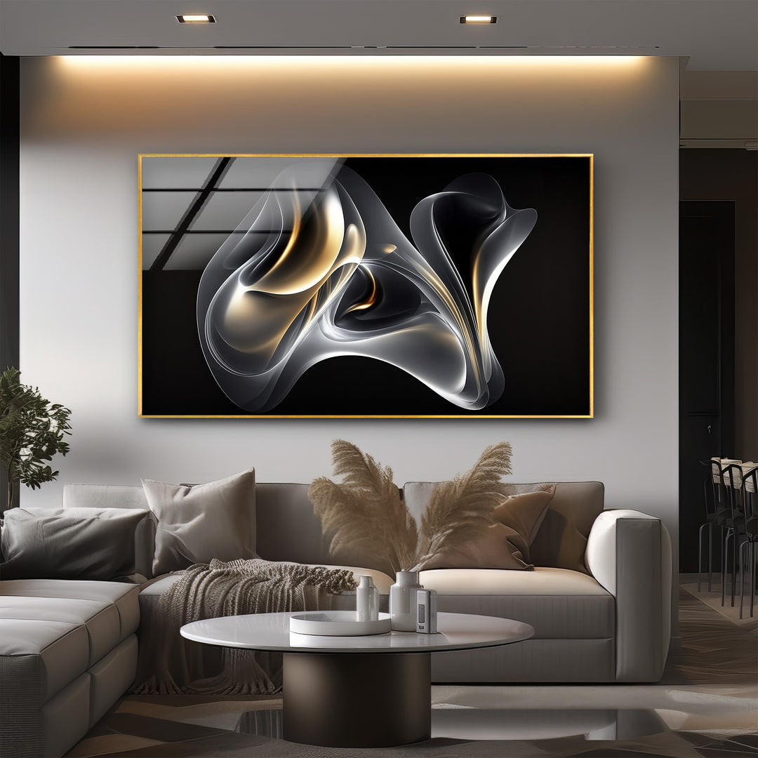 Ethereal Ember Veil – Abstract Smoke Gold Glass Wall Art