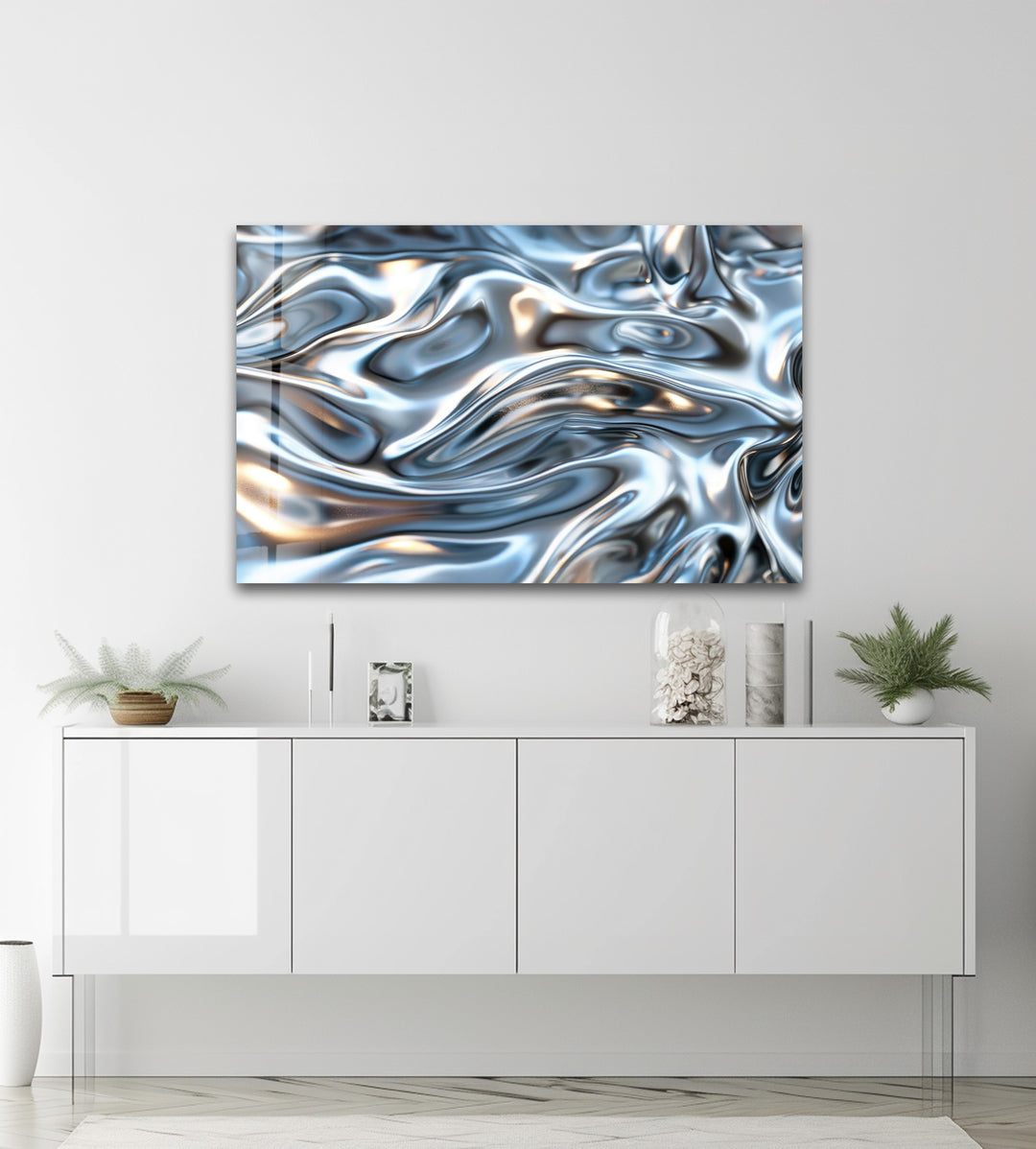 Molten Silver Drift – Abstract Metallic Fluid Glass Wall Art
