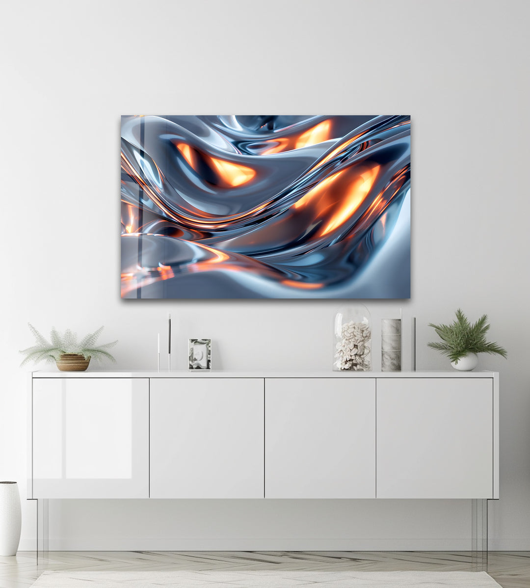 Solar Chrome Surge – Abstract Silver & Ember Flow Glass Wall Art
