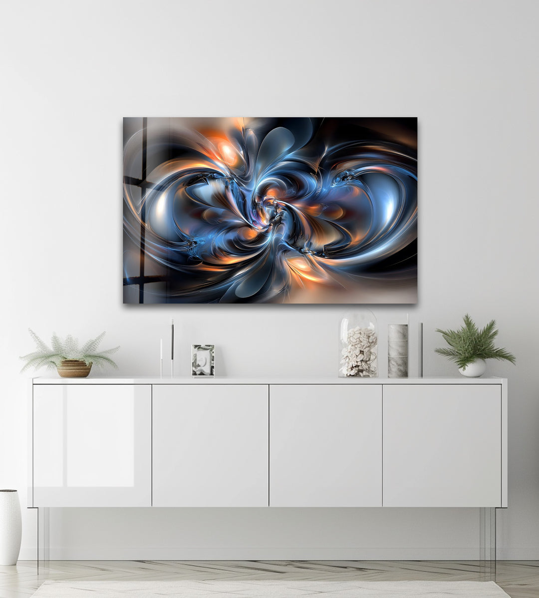 Cosmic Helix Radiance – Abstract Blue & Ember Swirl Glass Wall Art