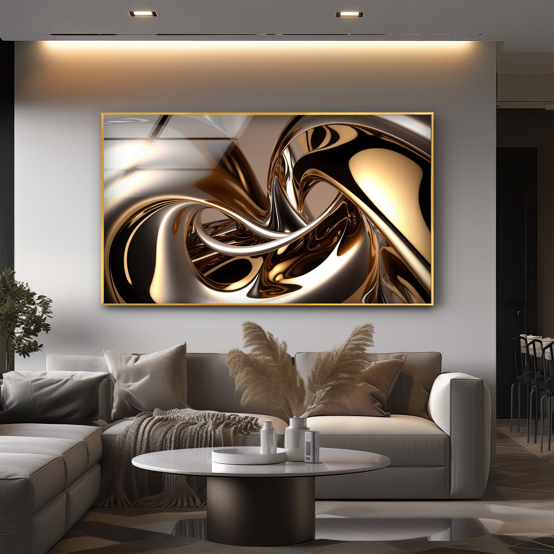Molten Bronze Mirage – Abstract Metallic Swirl Glass Wall Art