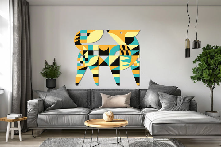 Contemporary fox-shaped metal wall sculpture with bold patterns