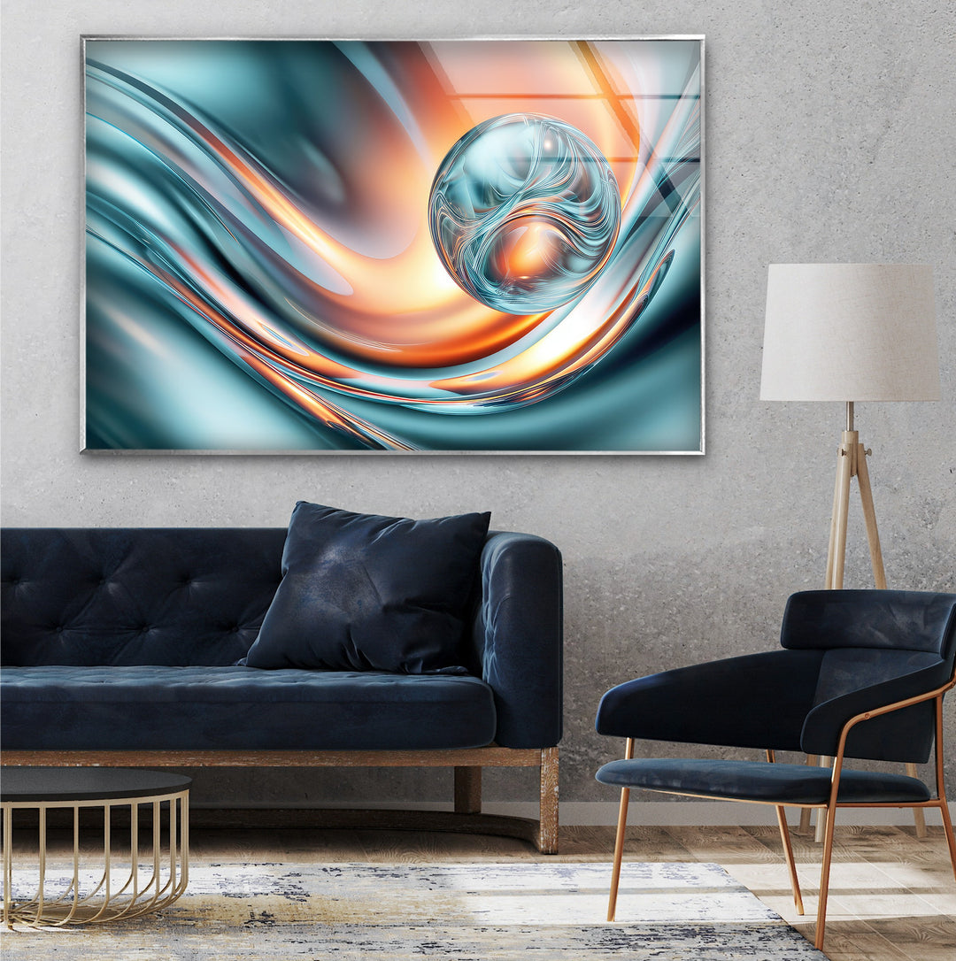 Aqua Ember Orb – Abstract Chrome Wave Glass Wall Art