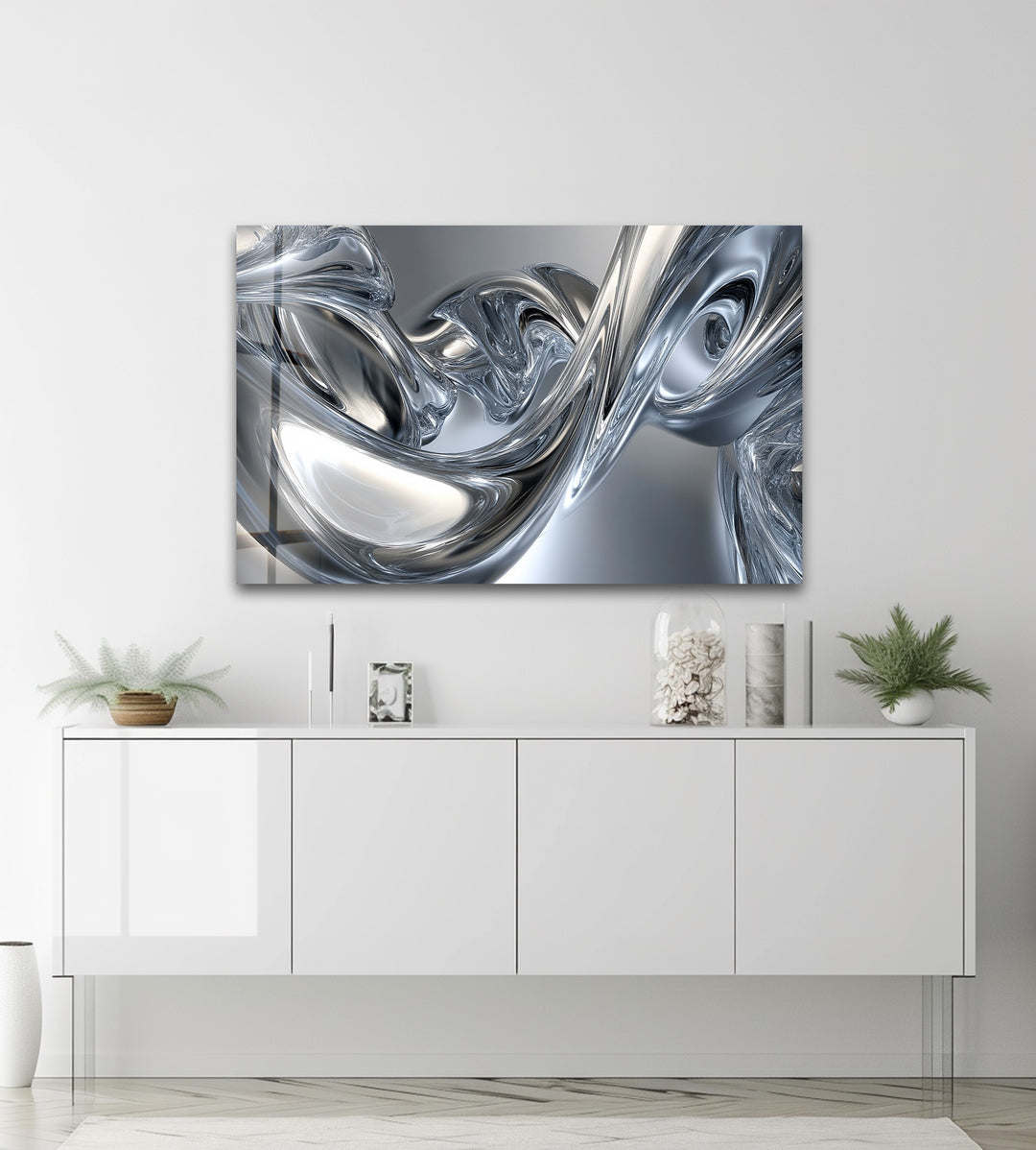 Silver Liquid Contours – Abstract Chrome Flow Glass Wall Art