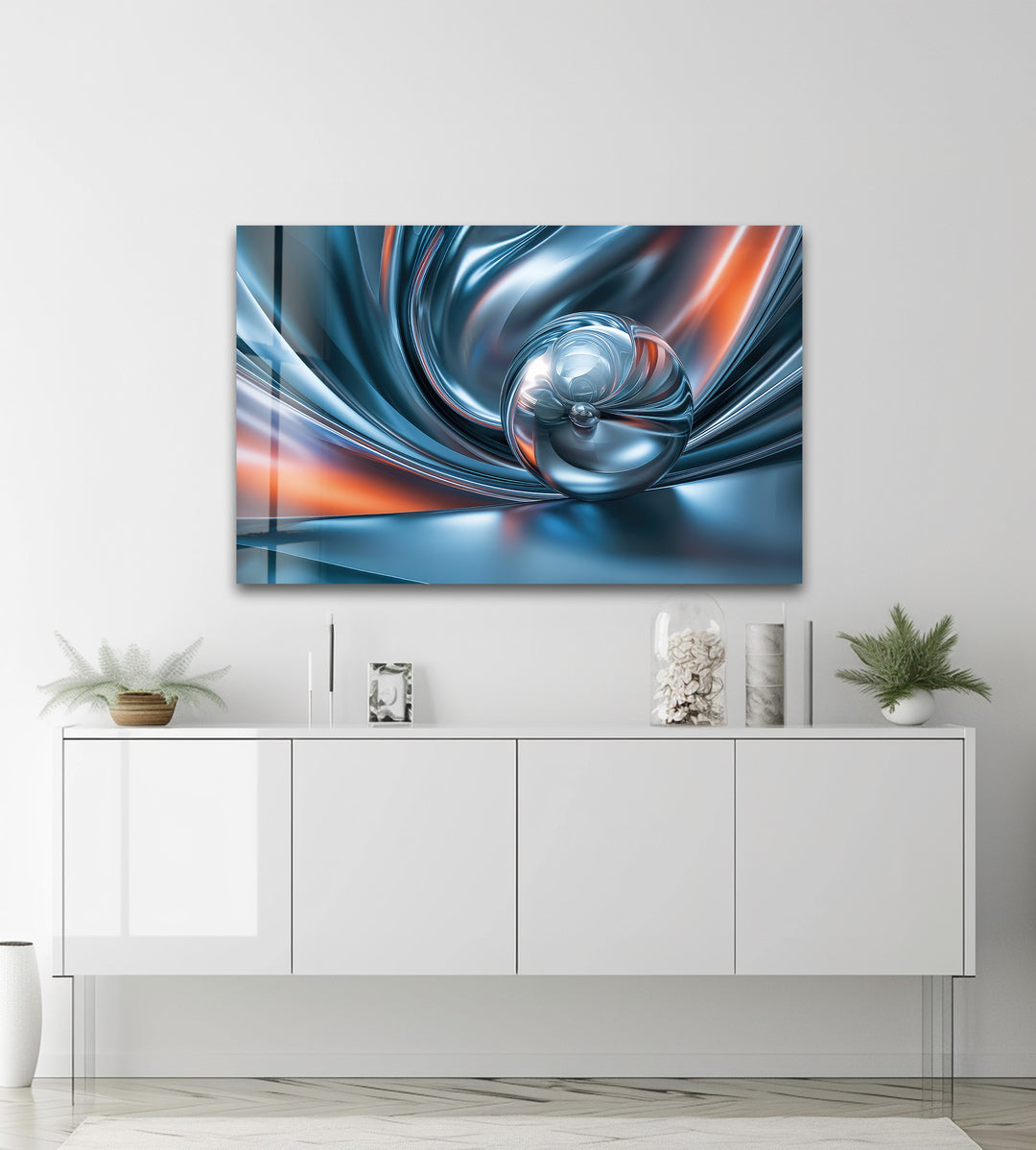 Chromatic Sphere Drift – Abstract Blue Silver Orb Glass Wall Art