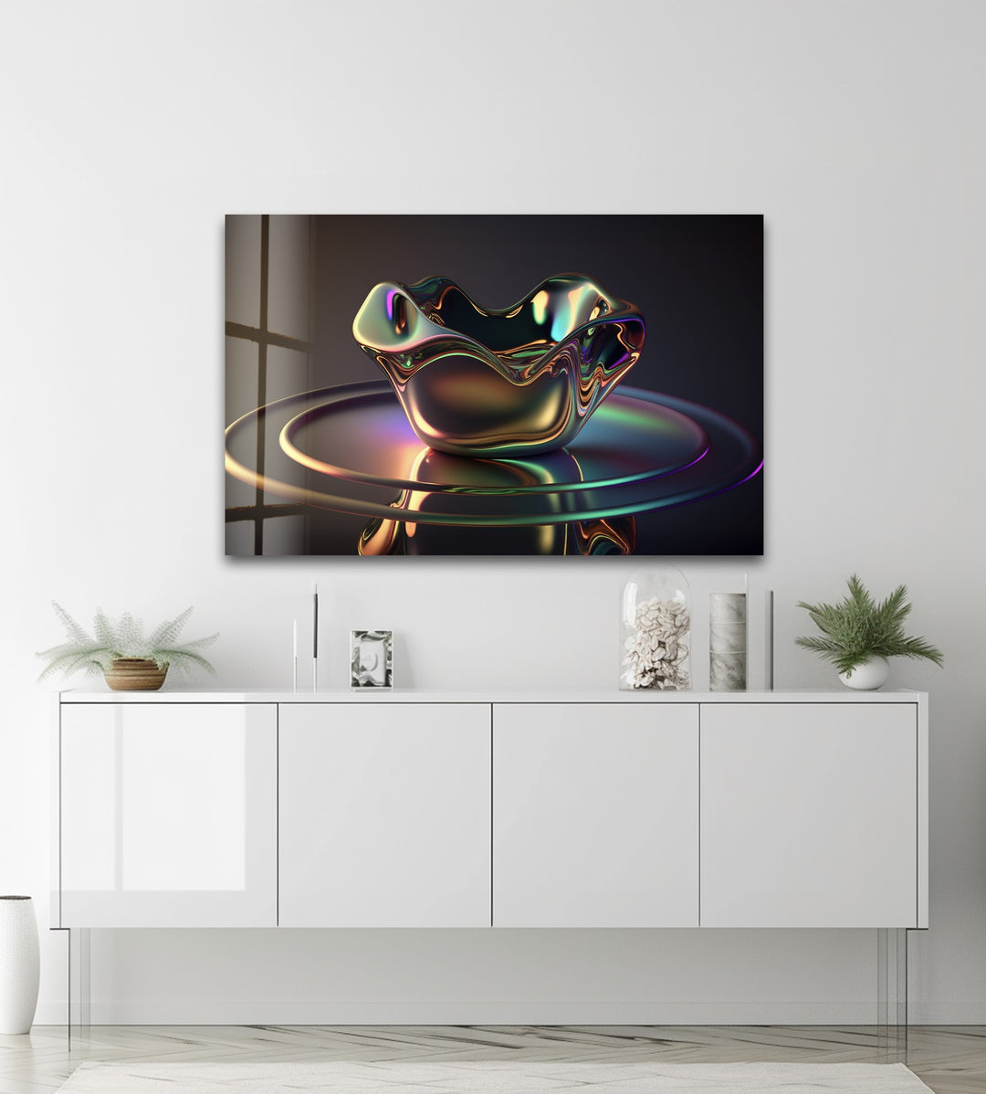 Iridescent Sculpted Bloom – Futuristic Chrome Bowl Glass Wall Art