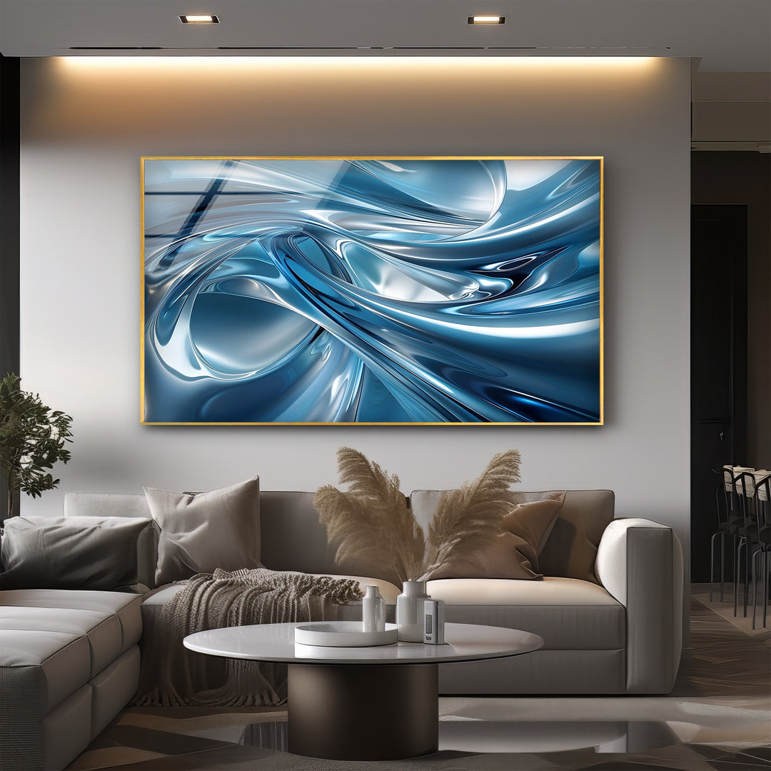 Azure Liquid Motion – Abstract Chrome Blue Glass Wall Art