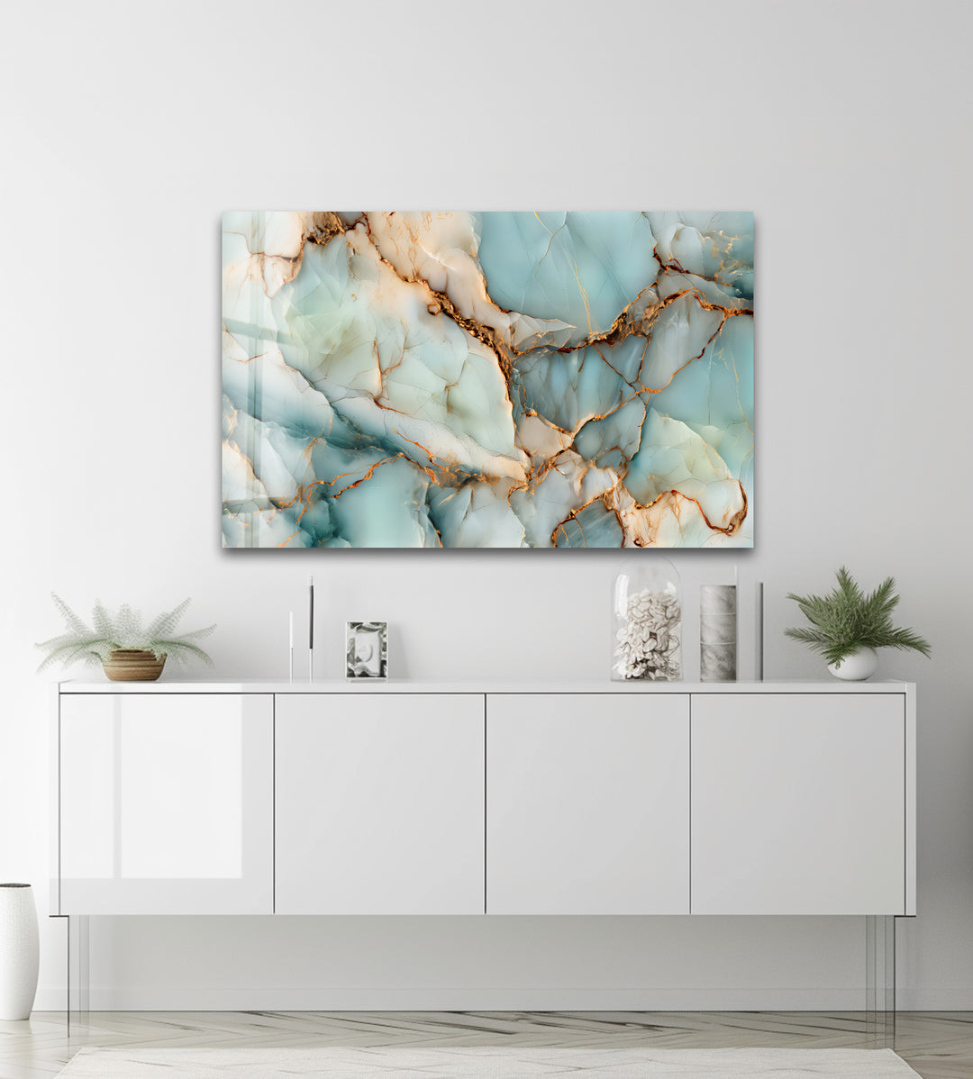 Crystalline Veins – Aqua Marble Glass Wall Art