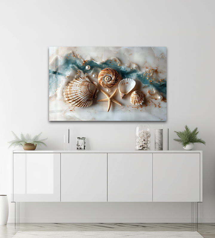 Coastal Treasures – Seashell & Ocean Pearl Glass Wall Art
