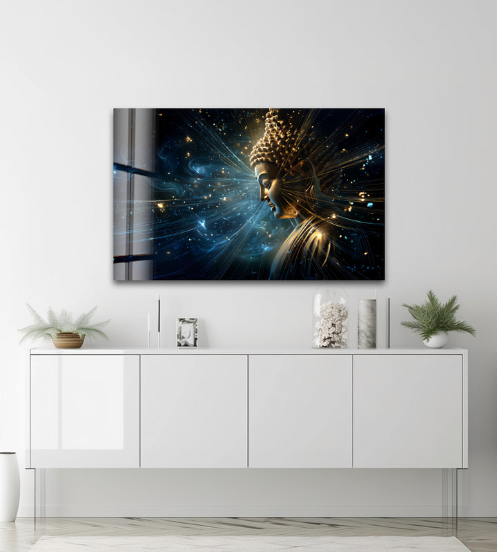 Cosmic Enlightenment – Radiant Buddha Glass Wall Art