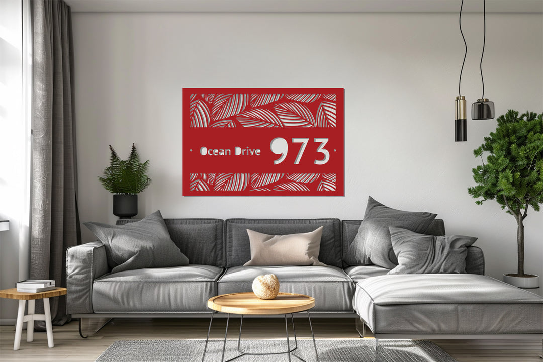 Custom Metal Address Plaque – Tropical Leaf Design House Number Sign