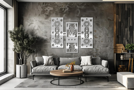 Highlighting the abstract quality, this modern three-panel metal wall decor suggests a wintery scene with geometric reindeer and snowflakes, rendered in an artistic take on metal wall decor.