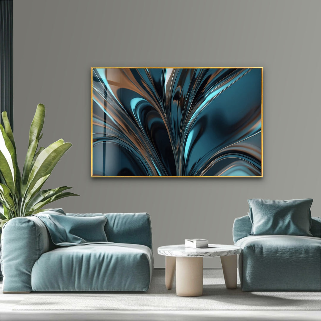 Midnight Aqua Surge – Abstract Teal Chrome Glass Wall Art