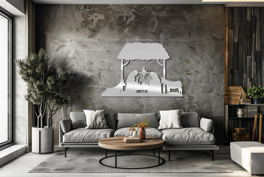 Religious metal wall art featuring Mary, Joseph, and baby Jesus