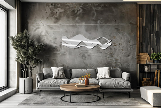 High color contrast highlights the abstract waves metal wall art, offering a striking piece of decorative metal art against the textured gray backdrop.