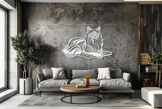 Elegant longhair cat in a unique metal wall art design is the focal point, displayed as an elegant feline metal wall decoration.