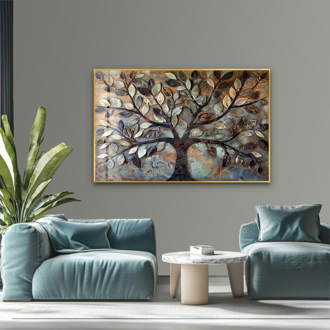 Verdant Bronze Tree – Textured Nature-Inspired Glass Wall Art