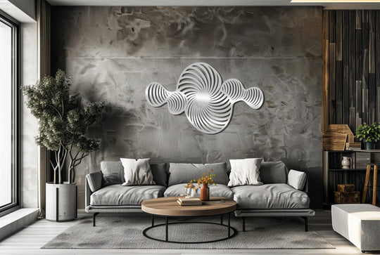 Textured surface reveals the intricate details of the abstract spiral metal art for wall, highlighting its modern black geometric design.