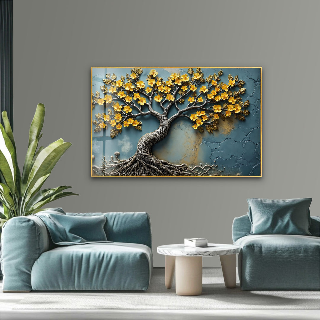 Golden Blossom Roots – Textured Floral Tree Glass Wall Art