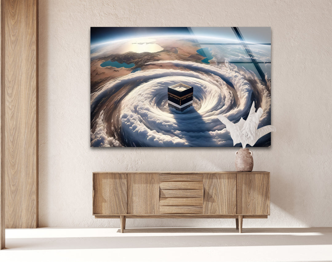 Divine Orbit – Kaaba Surrounded by Celestial Clouds Glass Wall Art