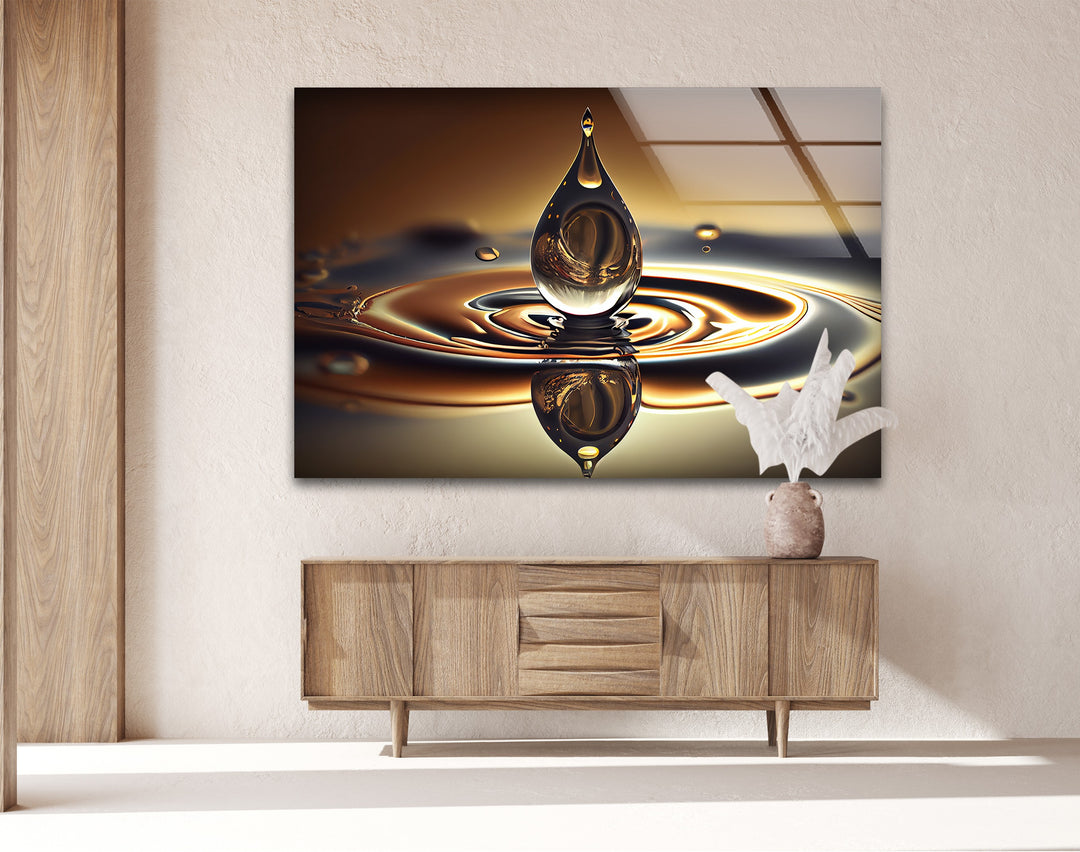 GoldenFlux Droplet Resonance – Liquid Harmony Glass Wall Art