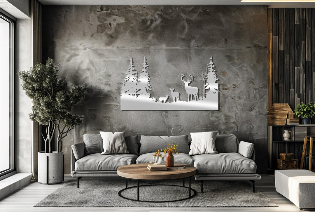 Family of Deer in Forest Metal Wall Art – Rustic Wildlife Decor