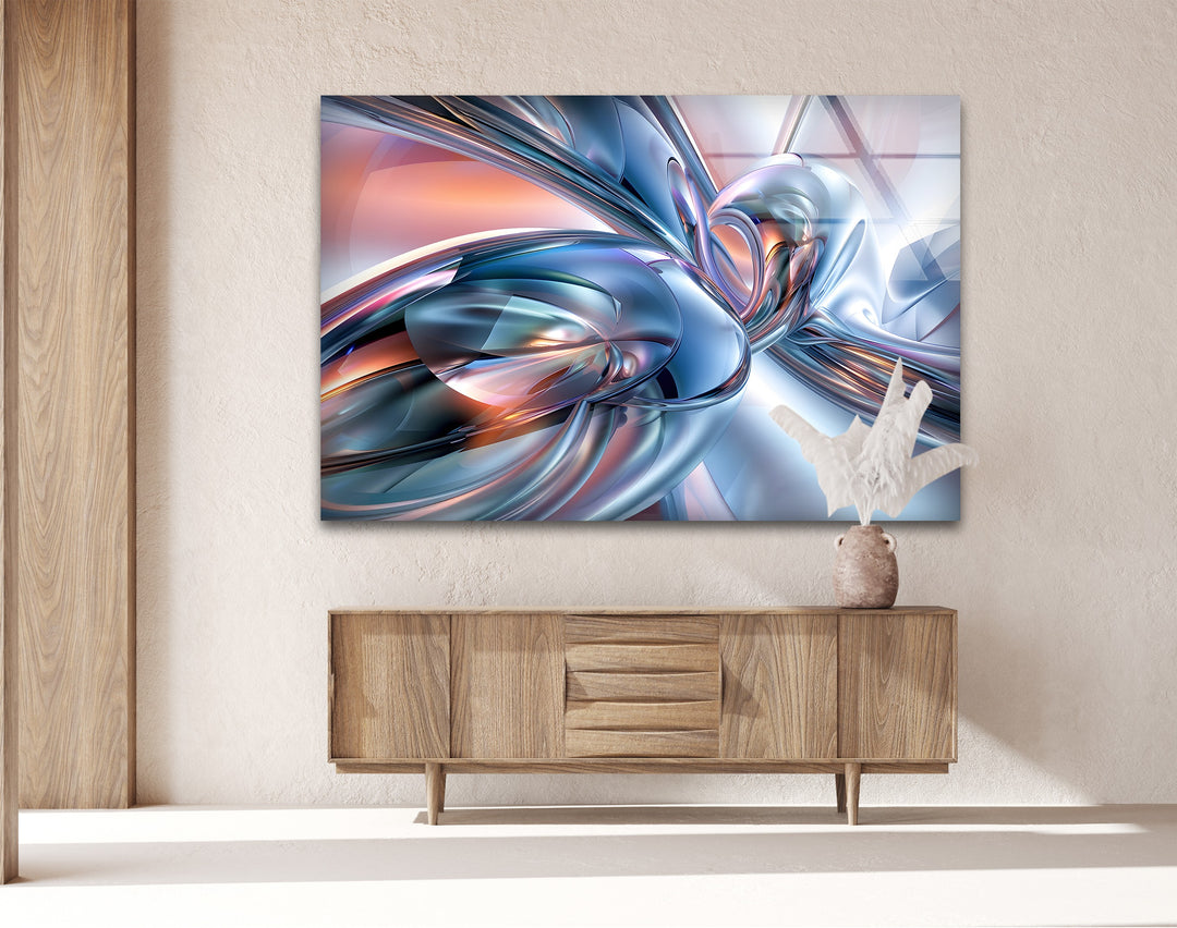 AeroChrome Fusion – Abstract Silver & Sky-Blue Motion Glass Wall Art