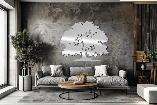 Showing the realistic detail of the Majestic Oak, this unique metal wall art features a stunning tree of life design in a modern living space.