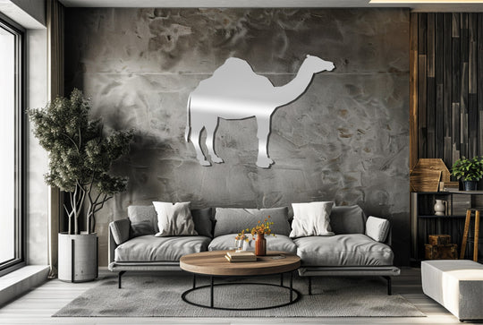 Highlighting the focal point, the desert-inspired camel silhouette showcases striking metal wall decor mounted above a modern gray sofa.