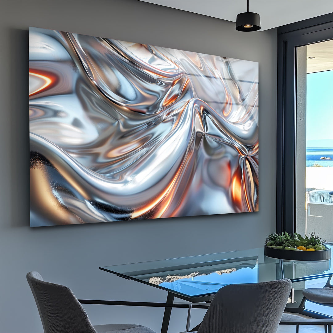 Luminous Steel Drift – Abstract Chrome Silver Glass Wall Art