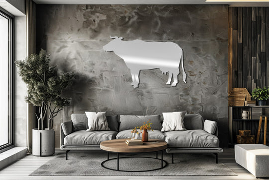 Highlighting the transition between colors, this rustic farmhouse cow silhouette showcases captivating metal wall decor with a seamless tonal shift on a textured background.