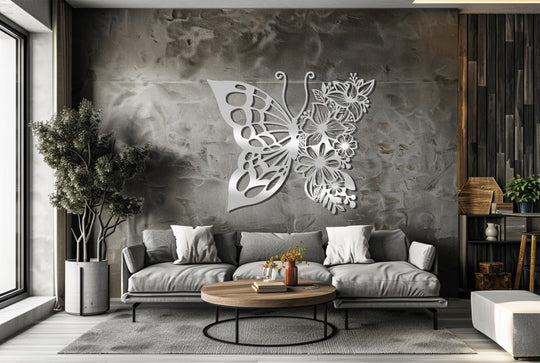Examining the elegant edge details and borders of the floral butterfly metal artwork, showcasing intricate nature-inspired charm within the modern metal artwork.
