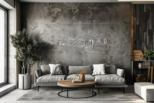 Gray sofa cushions complement the sleek Aero Velocity formula one decorative metal art hanging above, enhancing the room's calm atmosphere.